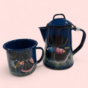 Cute vintage navy blue hand painted teapot and mug set decoration cottagecore